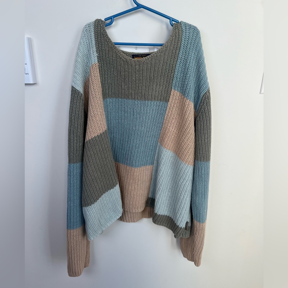 Woolrich Knit Sweater Colourblock Green Blue Beige Cozy Size Large